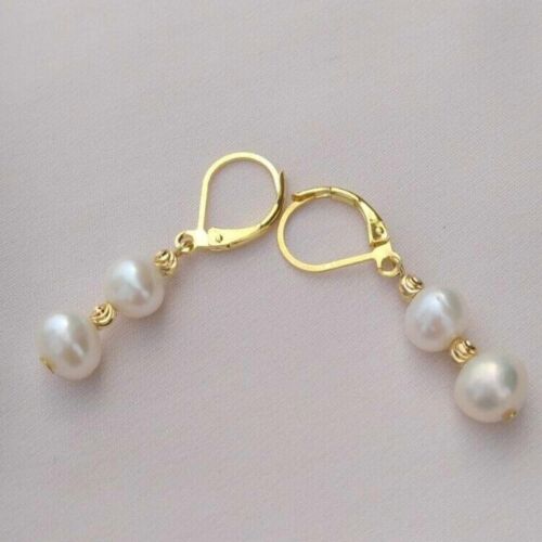 9-10mm Natural white Southsea baroque pearl 14K gold earrings Fashion Women - Picture 2 of 2