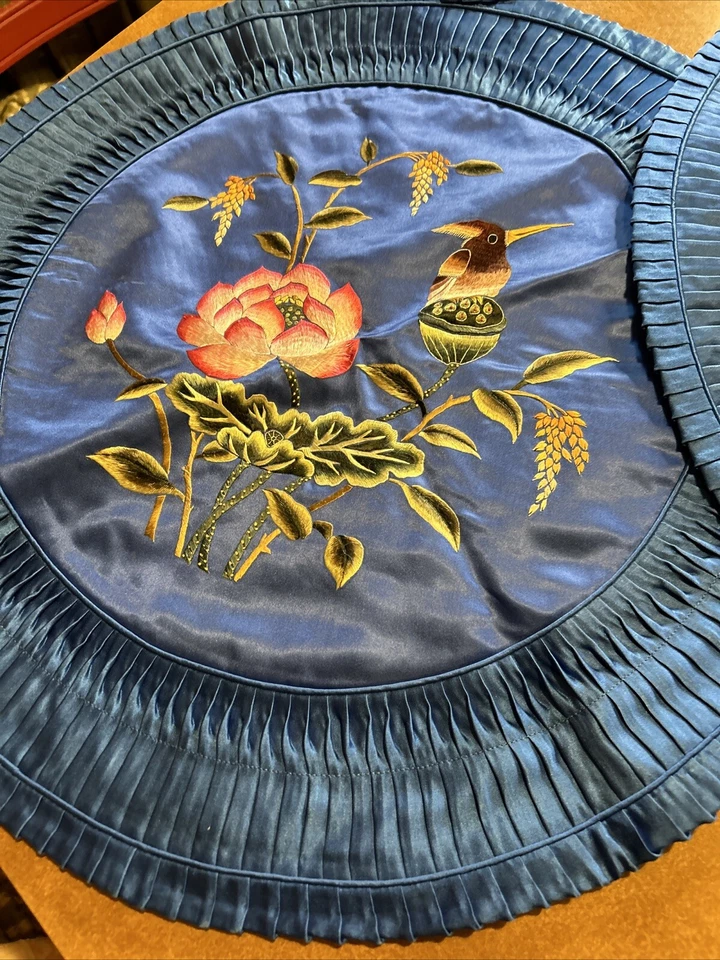 Embroidered Satin Pillow Covers Birds Flowers 19" Round Snap Close Royal Blue - Image 3 of 4