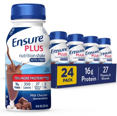 Ensure Plus with Fiber Shake, Milk Chocolate   Shake, 8 fl oz, 24 count