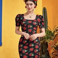 NWT Frida Kahlo SHEIN Mini Dress Black W/ Red Roses Women’s Size L Bodycon NEW