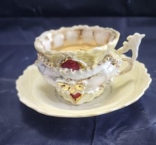 Vintage Painted Porcelain Miniature Teacup Saucer Set Yellow Pink Gold Accents