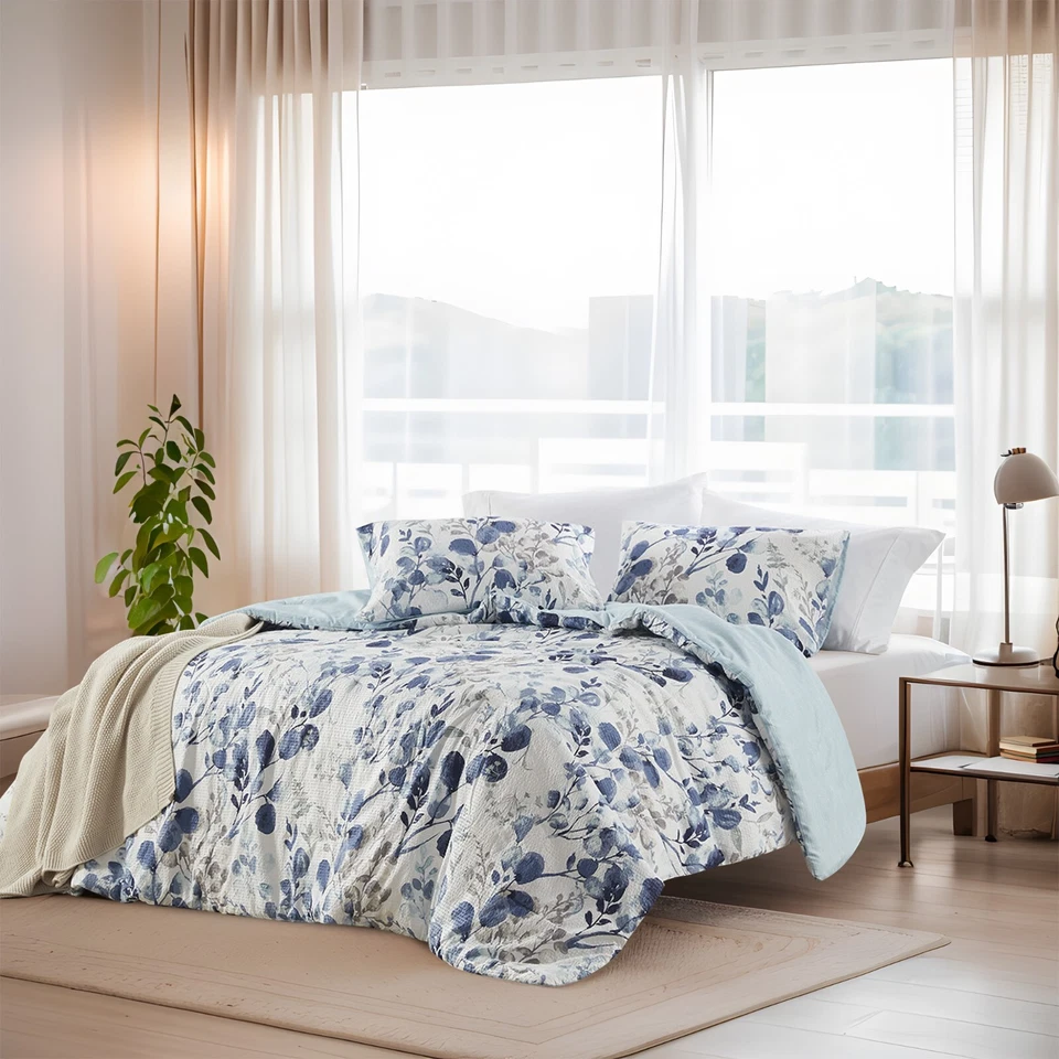 Reversible Floral Botanical Seersucker Breathable Comforter Set Twin Queen King - Image 3 of 4