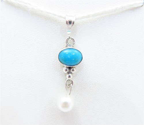 Sterling Silver ~8x6MM Oval Bezel Set Turquoise & ~6MM Pearl Dangle Pendant
