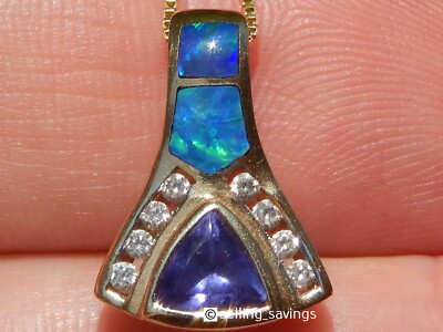 14K YELLOW GOLD LEVIAN TANZANITE DIAMOND & OPAL INLAY PENDANT & NECKLACE SET 18''
