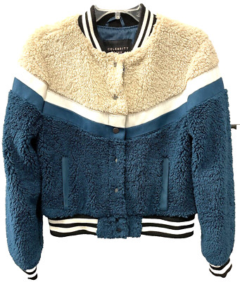 Celebrity Pink Jacket Faux Fur Varsity Bomb Teddy Coat Green Ivory Women Sz S