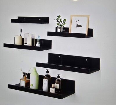 FLOATING WOOD SHELVES WALL MOUNTED SET OF 5 MULTIPLE SIZE BLACK