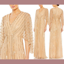 NEW Mac Duggal [ 18 ] 93841 Beaded Striping Kimono Sleeve V Neck Gown Taupe J196