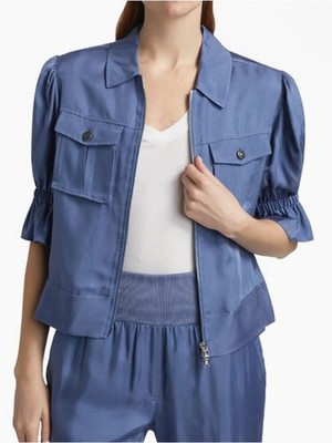 Cinq A Sept Holly Ruffle Sleeve Zip Up Button Flap Jacket in Blue Corn Small