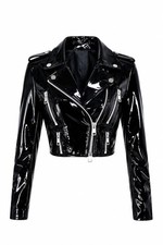 Women’s Black Glossy Patent Leather Biker Jacket Cropped Moto Jacket Motorcycle