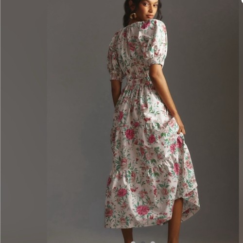 Anthropologie Somerset Maxikleid Gr. L geblümt rosa Puffärmel - Bild 2 von 9