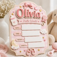 Personalized Birth Announcement Sign, Pink Hello World Baby Board