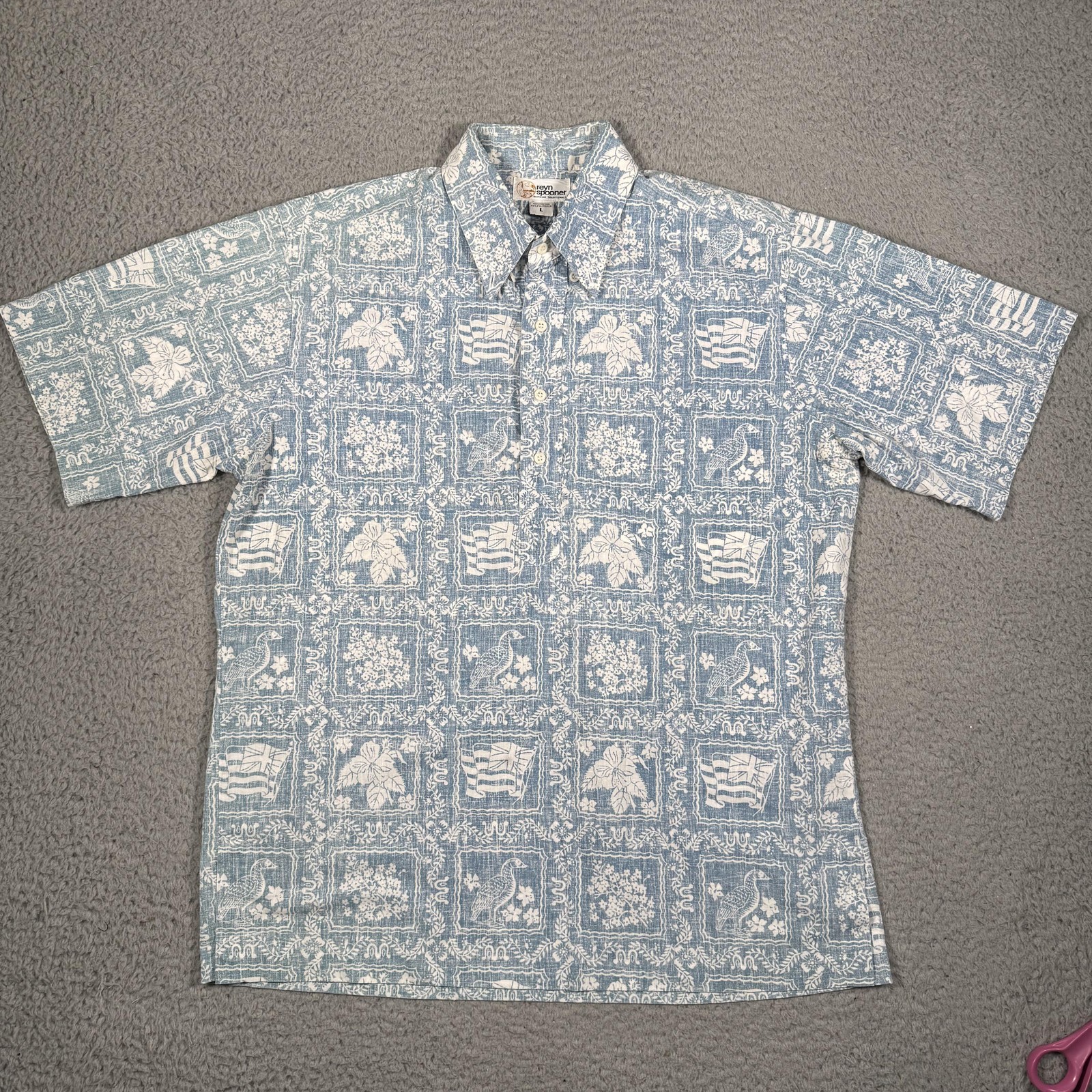 Reyn Spooner Shirt Mens L Blue Hawaiian Block Print Short Sleeve Button Up