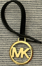 Michael Kors Gold MK Logo Bag Charm Hang Tag Black Leather Loop Purse Fob