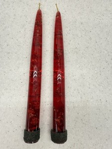 2 Mid Century Modern Red Acrylic Lucite Candles Gold Flecks MCM Decor