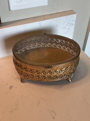 Vintage 1960's Oval Ormolu Bevelled Glass Ornate Design Gold Jewel Box 