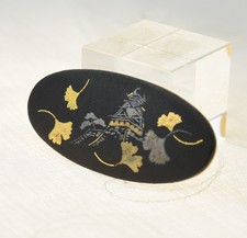 Japanese Damascene Obi Dome Gold Inlay Castle Ginkgo Vintage Belt Ornament