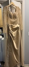 Champagne Sequin V-Neck Satin Formal Long Gown 3/4 Sleeve US 8 SPD11172