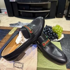 New GUCCI Italy Quentin Gold Horsebit Black Leather Loafers Shoes UK 12.5. US 13