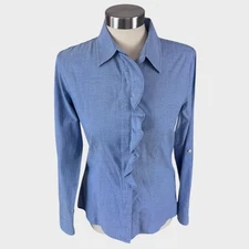 Talbots Womens Size 4 Button Front Ruffle Blue Shirt 100% Cotton