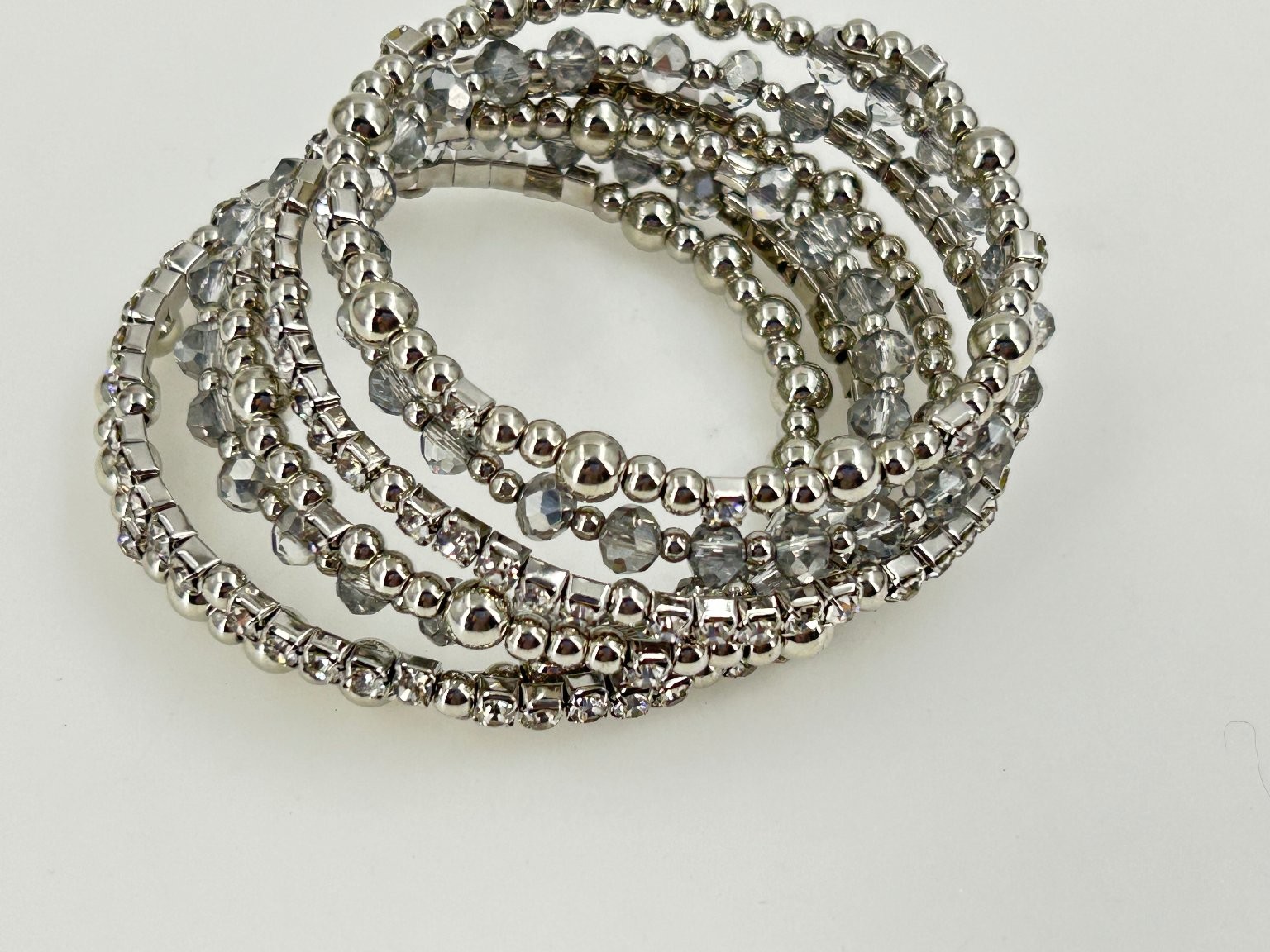 Silver Tone Multi-Layered Beaded Memory Wire Brac… - image 5