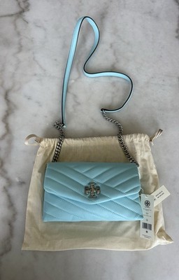 Tory Burch Kira Chevron Leather Chain Wallet Light Celeste Blue New With Tags
