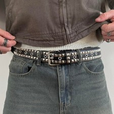 Y2K Black Silver Pyramid Studded Belt Goth Emo Unisex Skeleton Hand 44"