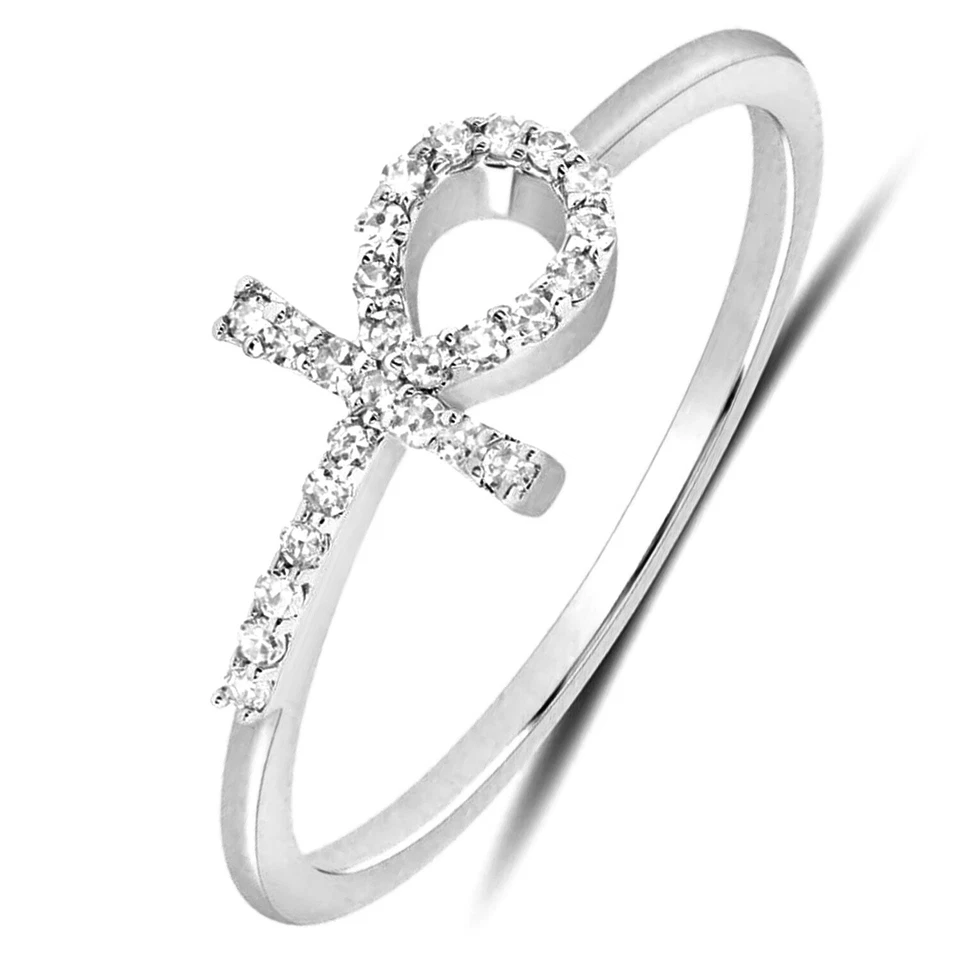 0.10CTW Natural Diamond 10K White Gold Sideways Ankh Cross Ring - Image 3 of 4