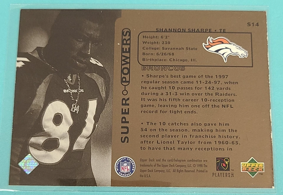 1998 Upper Deck Super Powers #S14 Shannon Sharpe Denver Broncos FOOTBALL Card U7 - Image 2 of 2