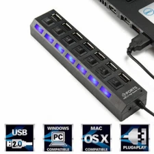 7-Port USB 2.0 Multi Charger Hub High Speed Adapter ON/OFF Switch Laptop/PC US