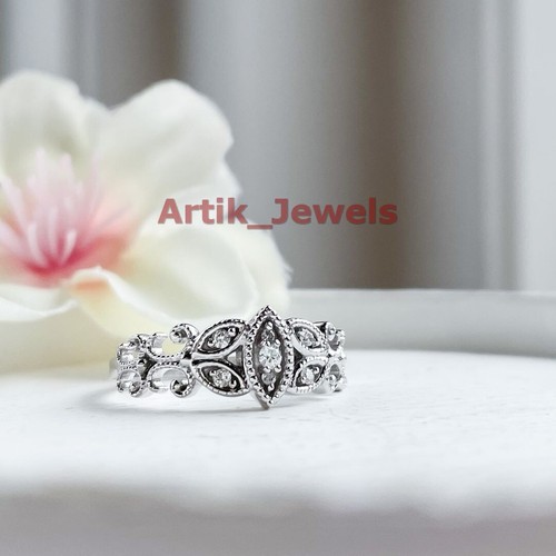 Round Moissanite with 14K White Gold Plated Silver Art Deco Ring for Women's #05 - Picture 9 of 13