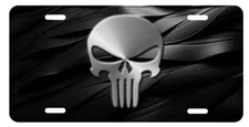 Steel Look Punisher Skull on Aluminum Vanity license plate tag new Silver Black.