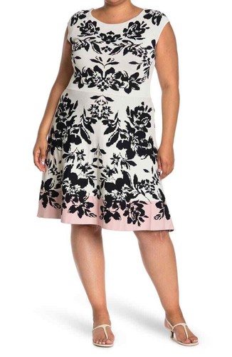 Eliza J Sweater Dress Size 2X Womens Black Pink Floral Print Fit Flare Knit - Picture 4 of 11