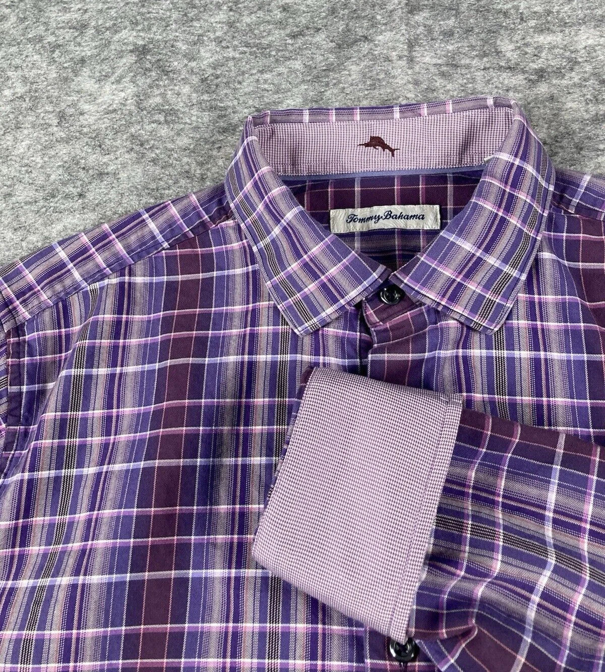 Tommy Bahama Shirt Mens M Plaid Purple Silk Blend Long Sleeve Flip Cuff