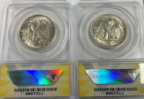 1941S & 1942D CHOICE AU55 ANACS GRADED PAIR Walking LIBERTY Half Dollars