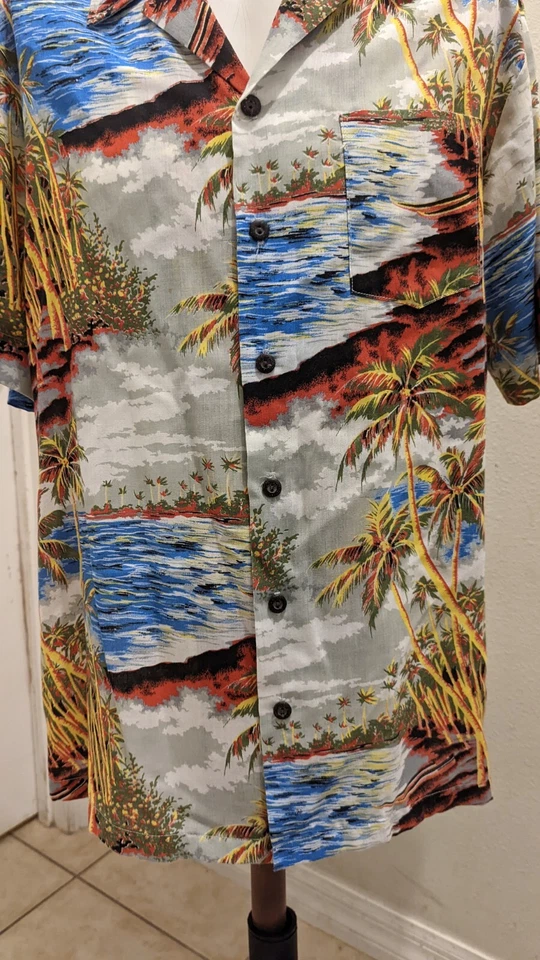 ALFIE CALIFORNIA AÑOS 70 VINTAGE Hawaiian Palm Trees Island abotonada  Foto 3 de 4