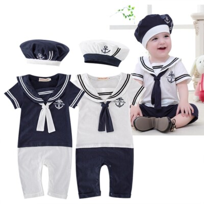Kinder Jungen Mädchen Baby Matrose Kleidung Overall Strampler + HAT Cotton 0-18M