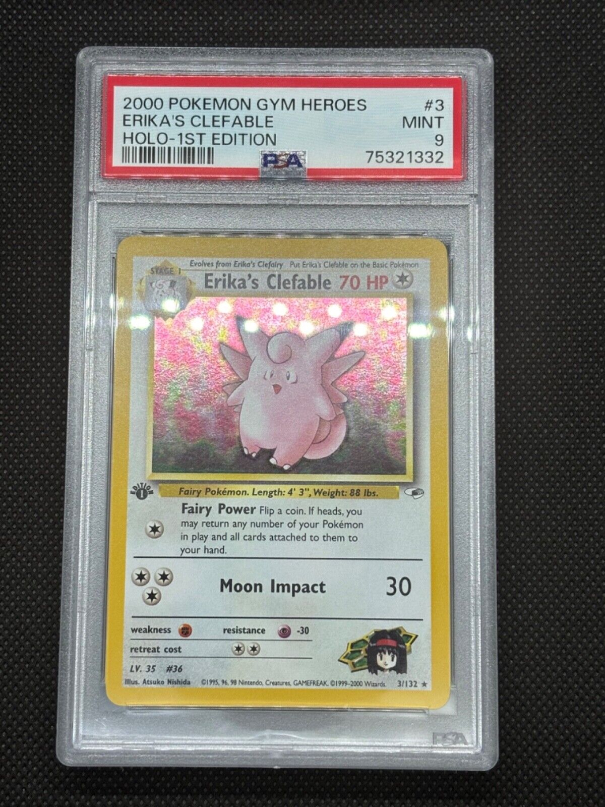 PSA 9 2000 Pokemon Game Gym Heroes Set Erika's Clefable Holo 1st Edition Card #3