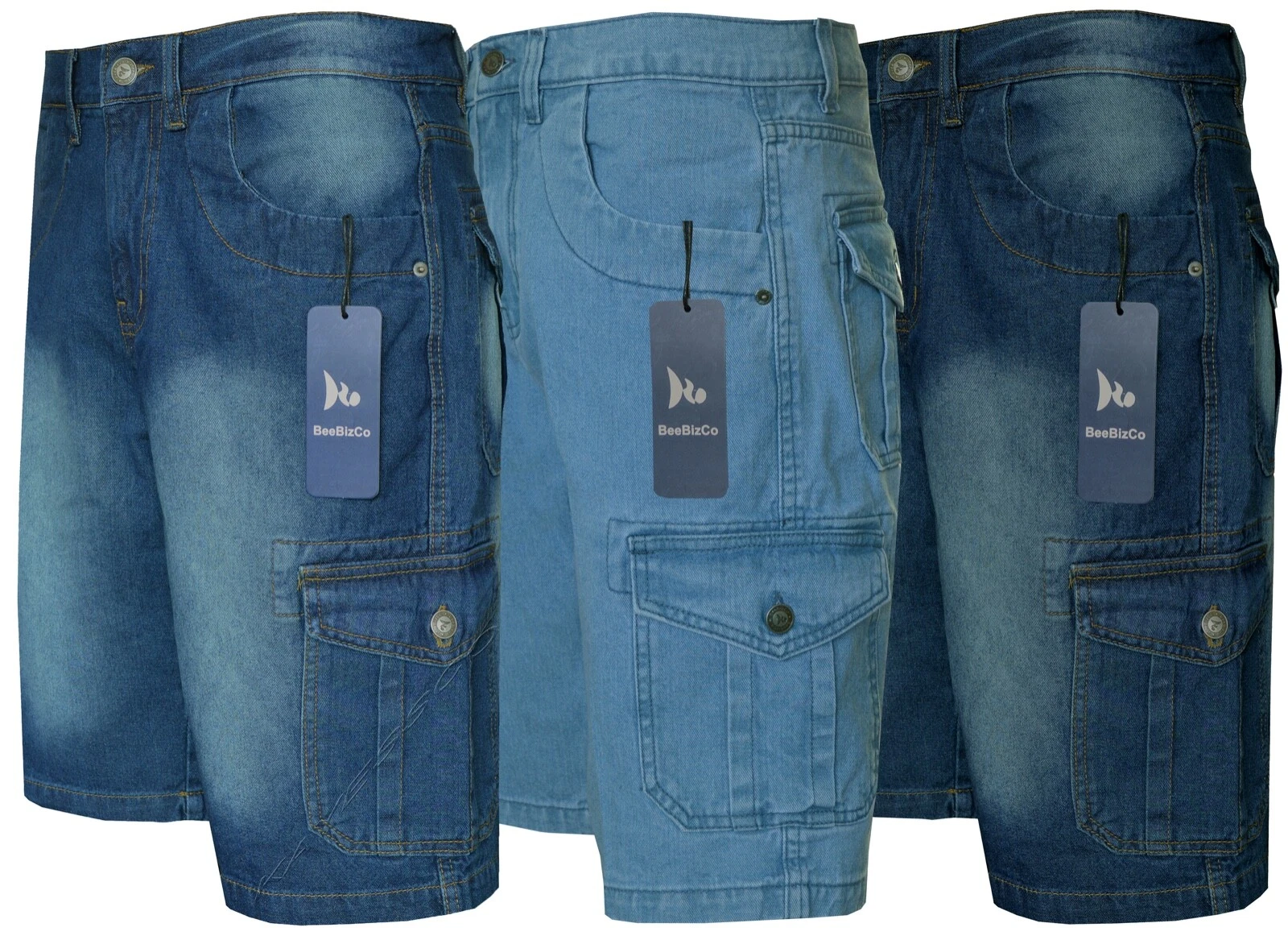 Mens Cargo Combat Denim Shorts 100% Cotton Knee Length Pants 7 Pockets 32"-46"