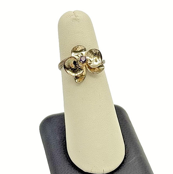 Vintage Yellow-Tone 925 Sterling Silver & Amethyst Flower Ring - Size 6.25