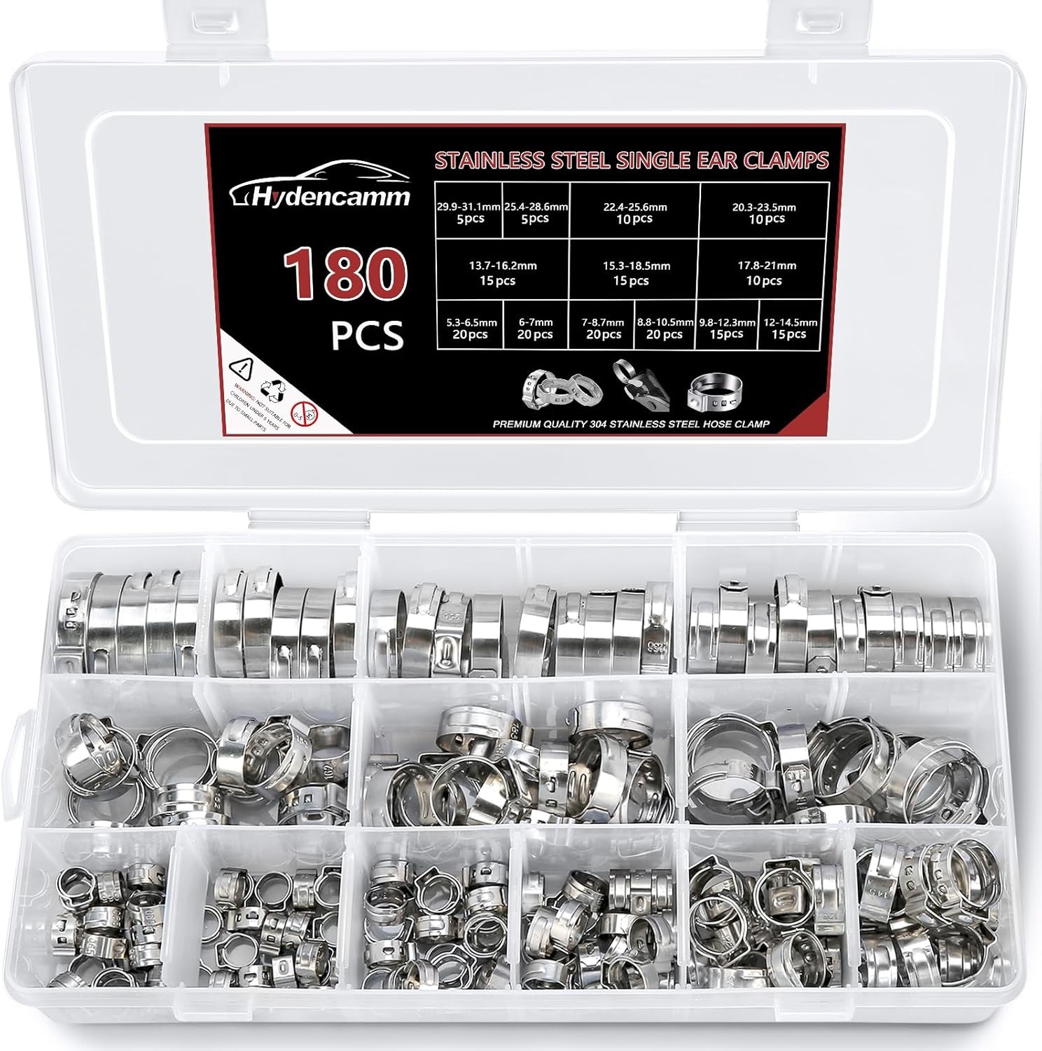 180PCS 13-Size 304 Stainless Steel Single Ear Hose Clamps 5.3-31.1mm