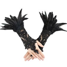 Baillmyy Black Women Lace Feather Gloves Long Fingerless One Size,