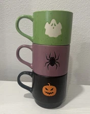 (3) Boston Warehouse Halloween Ghost Spider Pumpkin Stoneware Stackable Mug Set