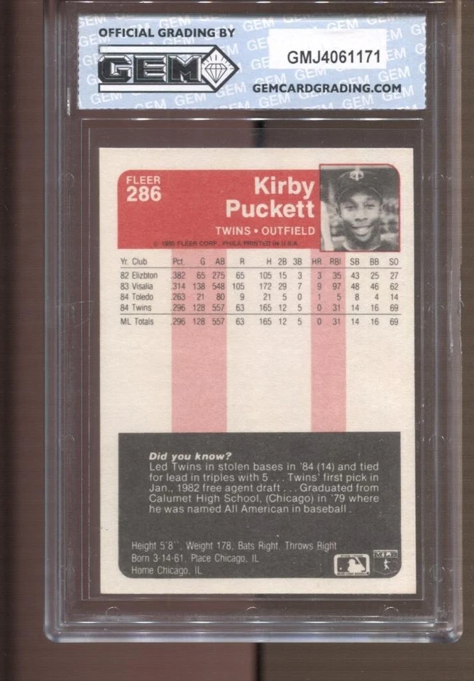 1985 Kirby Puckett Fleer #286 Gem Mint 10 RC Rookie Minnesota Twins - Image 2 of 2