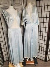 Vtg M-L 70s pale blue embroidered Lace nightgown Bell Sleeve Robe Peignoir READ