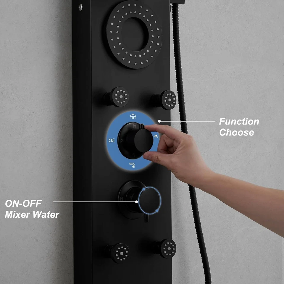 Sistema de masaje de grifo de torre panel de ducha montaje en pared LED negro para lluvia chorros corporales Foto 3 de 4
