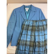 Pendleton Blue Virgin Wool Skirt Suit Set Blazer Pleated Plaid Skirt Womens 14
