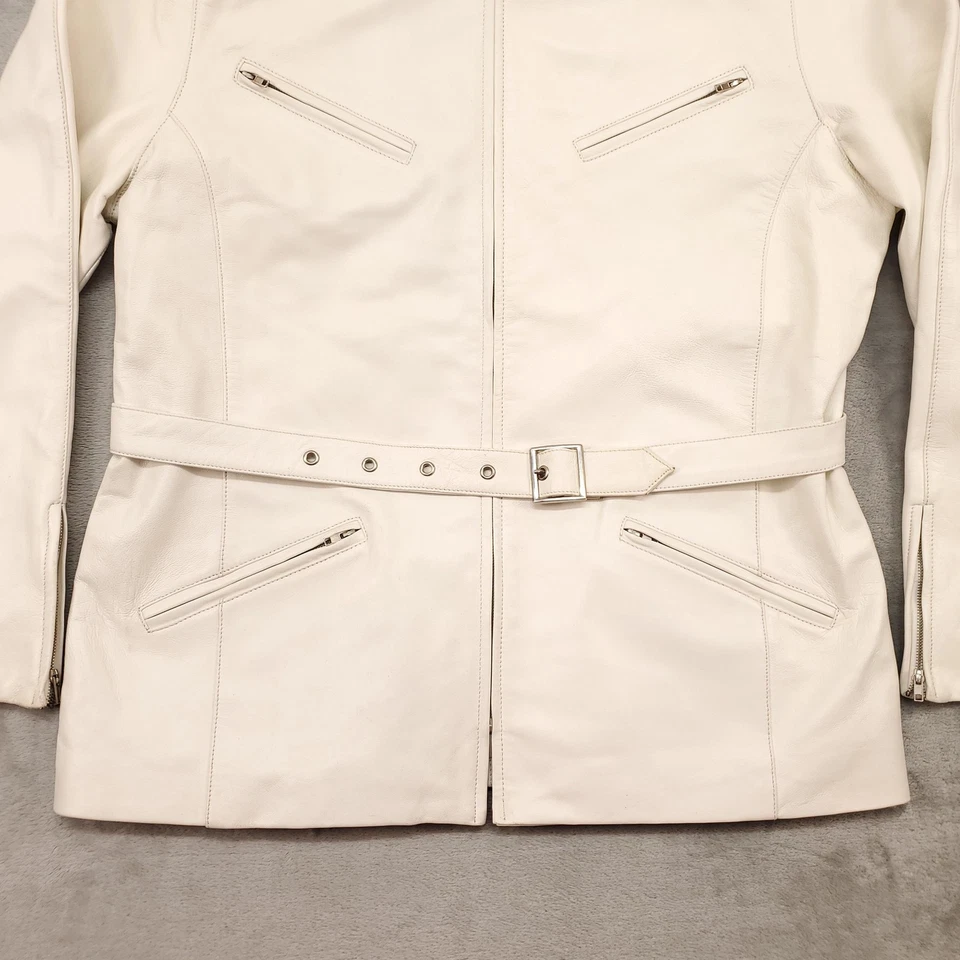 Margaret Godfrey Jacket Womens 16 White Leather Belted Zip Pockets Lined Moto - Image 3 of 4