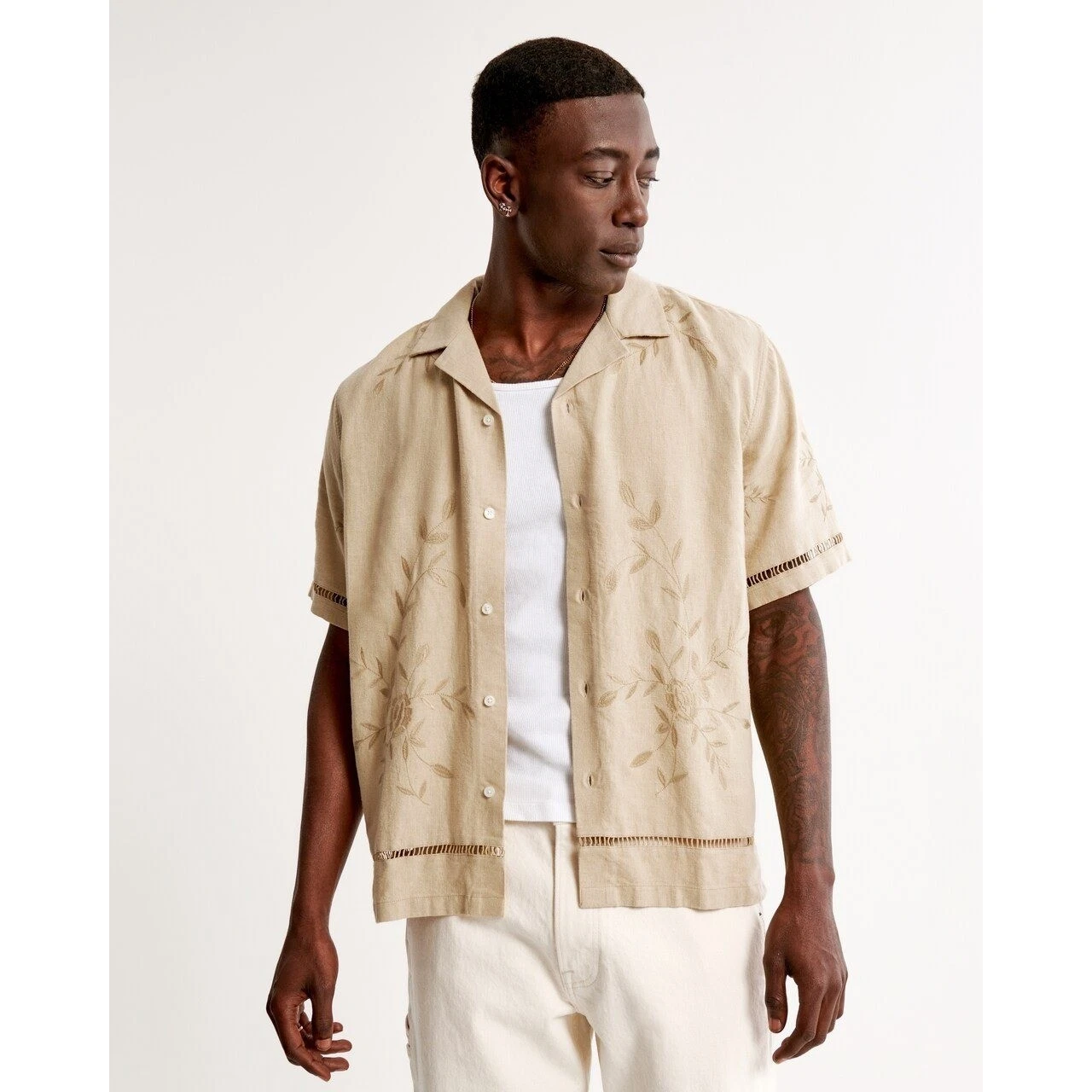 Abercrombie & Fitch Mens Tan Linen Blend Floral Embroidered Camp Collar Shirt M