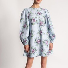 Ganni Heather Floral Cotton Poplin Mini Dress Womens XS Au6 Sky Blue Puff Sleeve