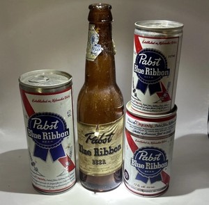 Vintage Pabst Blue Ribbon Beer Bottle & Cans Lot Retro Bar Decor Man Cave Set